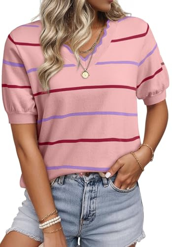 Dokotoo Cute Tops for Women 2026 Spring Fashion Trendy Short Sleeve Ruffle V Neck Striped Sweater Blouses T Shirts Business Casual Comfort Pullovers Knit Ladies Tops Outfits Light Pink