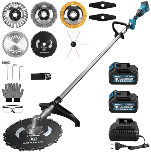 Desbrozadora con batería 7 en 1 con 2 baterías de 4 Ah, 1380 W, desbrozadora sin escobillas, batería con 7 cuchillas y correa para el hombro, 18800 rpm desbrozadora eléctrica para jardín, césped y