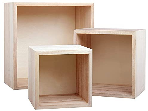 BELLE VOUS Unfinished Wooden Storage Box (Set of 3) - Small, Medium & Large - Natural Square Wood Boxes - Decorative Home Nest Crates for Collectibles, Jewellery, Hobbies, Succulents & Craft Supplies