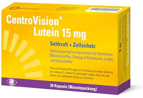 CentroVision Lutein 15 mg – Zur Erhaltung der normalen Sehkraft, Nahrungsergänzungsmittel mit Vitamin C, Vitamin E, Vitamin B2, Zink, Kupfer, Omega-3-Fettsäuren, Lutein und Zeaxanthin, 30 St.