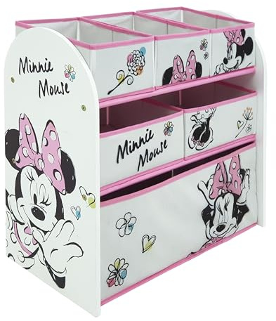 ARDITEX - Organizador de madera con 6 cestos textiles de almacenamiento de Minnie Mouse de Disney - 62x30x60cm - Color blanco y negro - Perfecto para guardar juguetes en un dormitorio infantil