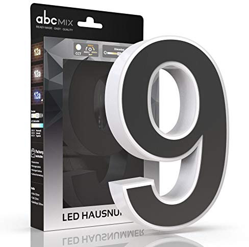 abcMIX LED Hausnummer, personalisierbare beleuchtete Hausnummer, Hausnummernleuchte mit LED - Hausnummer 9, Farbe ANTHRAZIT, Lichtfarbeneinstellung, Dimmbarkeit