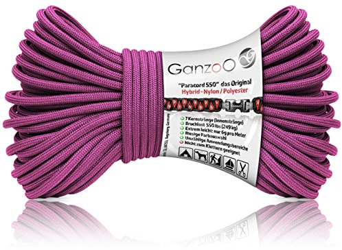 Ganzoo Paracord 550 Seil Typ 3, 4mm, Farbe lila Grape, 30 m Hybrid Nylon Polyester, ca. 250 kg Bruchlast, 32-Litzen Außenmantel, 7 Innenstränge, Campingseil für Zelt, Tarp, Ausrüstung