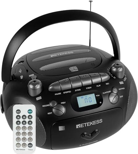 Retekess TR630 Lettore CD Portatile Radio FM Boombox Supporta Audio Stereo Lettore Cassette Portatile con Registrazione Connessione USB Riproduzione MP3 (nero)