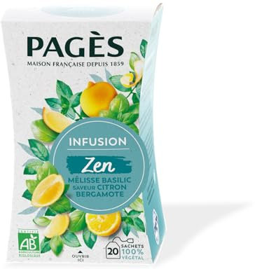 Pagès - Infusion BIO Zen - Mélisse, Basilic, Saveur Citron et Bergamote - Recette Apaisante - Boîte de 20 Sachets, 100% Végétal