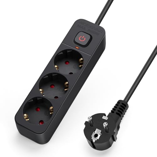 Aigostar Steckdosenleiste 3 Fach mit Schalter, Mehrfachsteckdose mit Kindersicherung, Verteilersteckdose mit 3 m Kabel, Schwarz