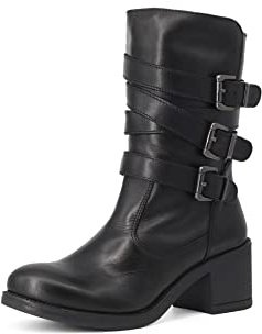 QUEEN HELENA Stivali Biker Stivaletti di Pelle con Tacco Zip Laterale Fibbia Donna S259 (Nero, numeric_37)