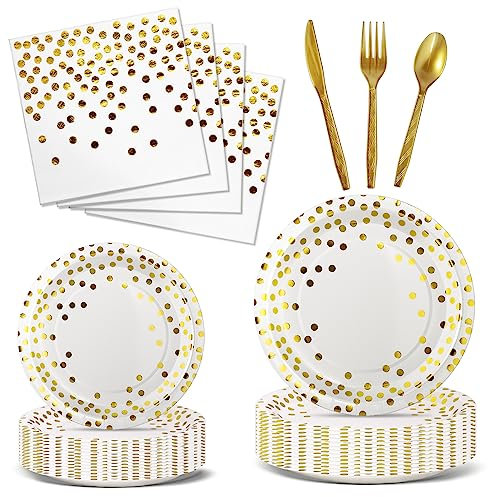 Nkaiso Anniversaire Vaisselle de fete 144 Pièces Blanc Or Party Assiette Anniversaire Set Comprendre Papier Assiette Serviettesr Réutilisable Couverts pour Party Decoration -24 Invités