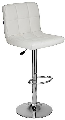 Baroni Home gepolsterter Barhocker oder Küchenhocker, verstellbar und drehbar um 360°, mit Rückenlehne und Fußstütze, Gestell aus verchromtem Stahl, Weiß Kunstleder, 1 Stück