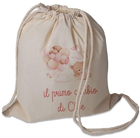 Il Primo Cambio Sacchetto Porta Corredino Bebè Neonato Zaino A Sacca In Cotone 130gr Personalizzato con Nome e Orsetto Peluche Idea Regalo Natale Compleanno Nuova Nascita Bambina Bimba in Arrivo