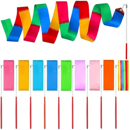 QHFlashbuy Tanzbänder 10 Stück Gymnastikband mit Stab,2 Meter Rhythmische Sportgymnastik Band,Tanzen Streamer Dance Ribbons Tanzen Streamer für Kinder Training
