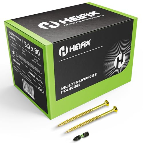 Heifix Multi-Purpose Wood Screws - FREE Screw Bit Included (QTY 200, 5mm x 80mm) Pozi Double Countersunk