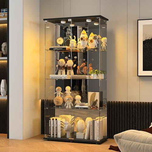 Mobile vetrina in vetro con LED, 164 x 80,5 x 36,5 cm, con 2 ante e 4 ripiani, serratura, pannello posteriore in vetro a specchio, per bar, oggetti da collezione, soggiorno, nero