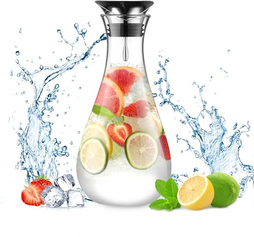 ecooe Glaskaraffe 1.8L Wasserkaraffe Karaffe Glas mit Edelstahl Deckel, Glaskrug Wasserkrug Saftkrug Getränkekrug Glaskanne für Heißes Kaltes Wasser Hausgemachte Getränke Eistee Saft Milch Tee Kaffee