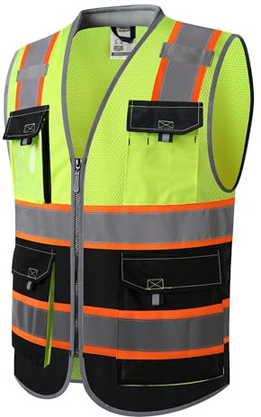 JKSafety Safety Vest for Men Women Hi Vis with Pockets and Cushioned Collar Reflective High Visibility Vest Class 2 Meet ANSI Standard YellowBlack Color Extended Orange Strips (BX360-YBLK L) 1 Piece