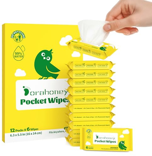 Dorahoney Mini salviettine umidificate da viaggio, senza profumo sensibile, 99% acqua, salviette per mani e viso non profumate e ipoallergeniche per adulti, bambini e bambini, confezione da 12 pezzi