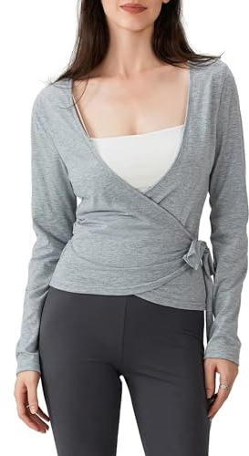 Kouoybt Blusa de manga larga para mujer, estilo coqueta, cuello en V, cruzada, para yoga, yoga, yoga, estilo coqueta, A-gris, L