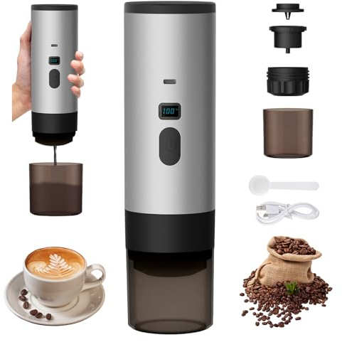 Cafetera, portátil, máquina de café con pilas, 72 W, cafetera de cápsulas 3 en 1, calefacción inteligente 90 °C, 90 ml, para viajes o camping (gris)