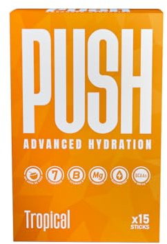 PUSH Hidratación Avanzada - 15 Sticks - Agua de Coco Natural, Electrolitos, Probióticos, Hierro, Zinc, Vitaminas y BCAAs. Sin cafeína, Sin Azúcar añadido (15 STICKS, TROPICAL)