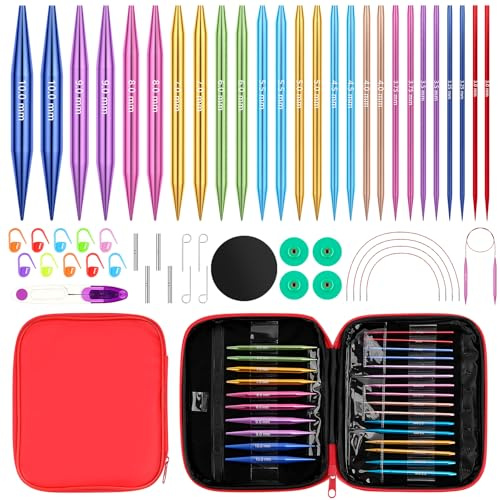Homgaty Circular Knitting Needles Set - 13 Pairs Aluminum Interchangeable Knitting Needles (3.0-10mm) with Cable Needles, Stitch Markers & Red Carry Case, Round Knitting Needle Set for All Projects