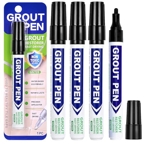 4Pcs Black Grout Pen for Bathroom Tiles,Tile Grout Pen with Fine Tip for Restoring Discoloured Joints,Waterproof Mold Resistant Grout Paint Marker for Kitchen Floor Wall Tile Repair