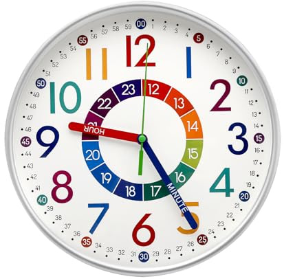 VOSSOT Orologio da parete per bambini, con numeri colorati, orologio da parete silenzioso per l'educazione precoce casa soggiorno cameretta