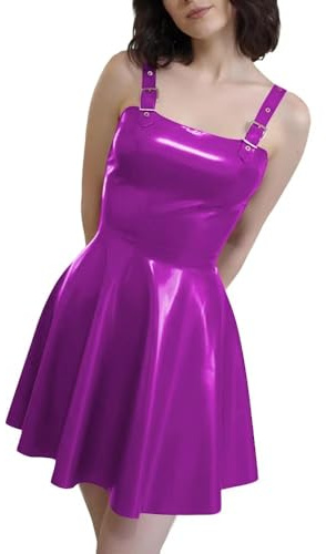 ERFSQIYALHJ Mini Robe Gothique Punk avec Bretelles Robe Courte plissée Party Club Robe en Cuir PVC