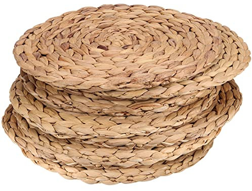 KOHAND Set of 8 30cm Water Hyacinth Placemats, 1cm Thick Round Woven Rattan Tablemats, Heat-Resistant Handmade Braided Straw Tablemats for Table, Coasters, Pots, Pans