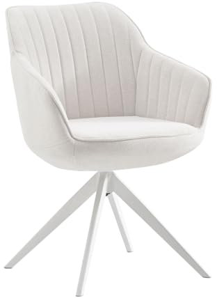 B&D home® Esszimmerstuhl ARVIT – drehbar mit Armlehnen, 360° Drehfunktion, Stoff in Creme Weboptik, Kaltschaumpolsterung, weißes Metallgestell, moderner Komfortstuhl für Esszimmer & Büro