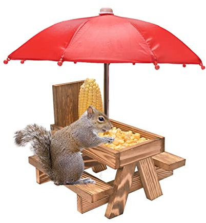 Yorkmills Eichhörnchen-Futterspender Picknicktisch mit Regenschirm und Maiskolbenhalter, neues Premium-Geschenk für Eichhörnchen und Streifenhörnchen-Liebhaber, Tierbank, Futterspender