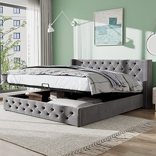 Moimhear Letti, Letto imbottito Chesterfield Glam Grigio, 140x200 cm, Velluto e Pino, Funzione letto contenitore idraulico, King Size