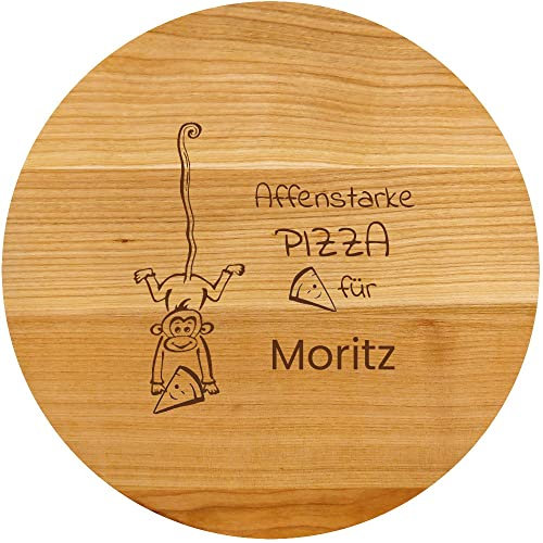 Sterngraf Pizzabrett 30cm, mit Gravur, personalisierter Holz Pizzateller, Geschenkidee zum Geburtstag/Einschulung der Kinder, Affe Tier-Motiv P27