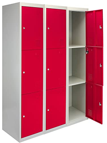 3 Taquillas Metálicas para Montar con 3 Puertas Rojas 45x38x180cm con Estantes Llaves Imanes Portatarjetas Nombre Casilleros Metalicos Red Metal Lockers Escuela Gimnasio Vestuario y Oficina