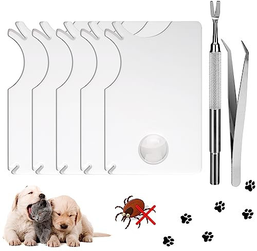 Zeckenzange für Hunde, 5 Stück Zeckenkarte mit Lupe, Edelstahl Zeckenpinzette und Zeckenhaken - für Menschen Kinder Hunde Katzen
