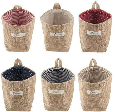 PUCSIQ 6 cestas de almacenamiento de algodón, lino, cestas colgantes para baño, cestas plegables de algodón y lino, bolsas de almacenamiento plegables para pared, puerta, organizador