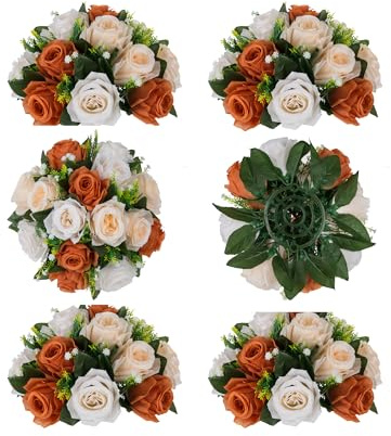 BLOSMON Terracotta Flowers for Wedding Centerpieces: 6 Pcs Fake Rose Kissing Balls Fall Table Decor - Artificial Silk Bouquet with Base Floral Arrangements Home Party Room DIY Decorations