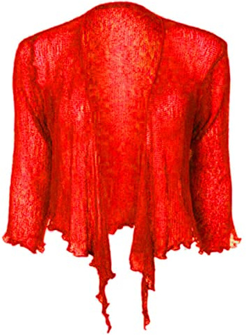 Kiran Fashion dam knytbar 3/4 ärm damer fin stickad Bolero beskuren stretchig jacka cardigan en storlek, Röd, one size