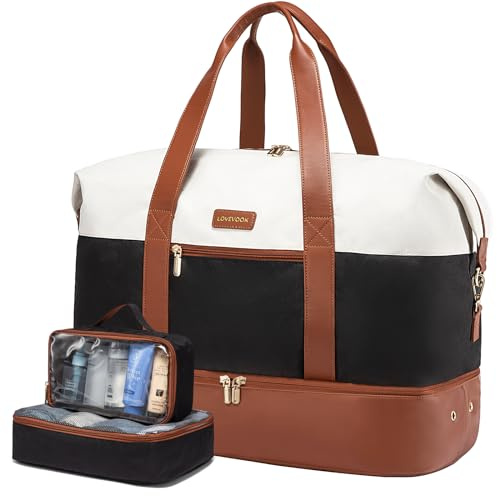 LOVEVOOK Sac de Voyage Weekend 45L, Cabine Femme, Grand Maternité | Bagage Avion 45x36x20, Sport Travel Bag – Beige, Brun, Noir