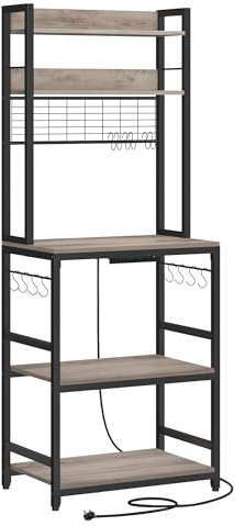 VASAGLE Kitchen Storage Rack with Power Outlet, Coffee Bar, Baker's Rack, with Metal Wire Panel, 14 Hooks, for Microwave, Steel Frame, 40 x 60 x 170 cm, Greige and Ink Black KKS037B22