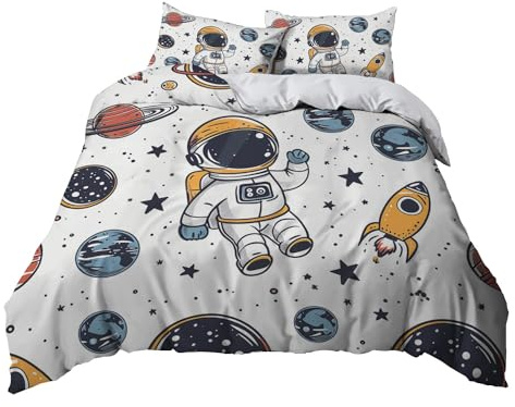 Funda Nordica Cama 90 de 3 Piezas del Planeta Astronauta Juego de Funda Nordica 150x200 cm Suave Transpirable y 2 x Fundas de Almohada para Ropa de Cama Infantil Niño Chico Niña