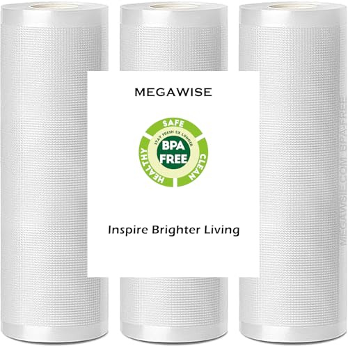 MegaWise 3 rollos de bolsas selladoras al vacío, 8 pulgadas de ancho y 21.6 pies de largo para selladores al vacío Megawise y otras marcas, perfecto para preparación de comidas y cocción al vacío
