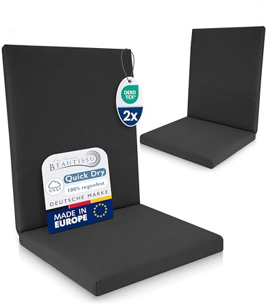 Beautissu 2er Set Premium Niedriglehner Auflage 100% Wasserdicht 100x50cm – UV-beständig Bequem Pflegeleicht Waschbar Sitzkissen Gartenstuhl – Polsterauflage Gartenmöbel Stuhlauflage Anthrazit