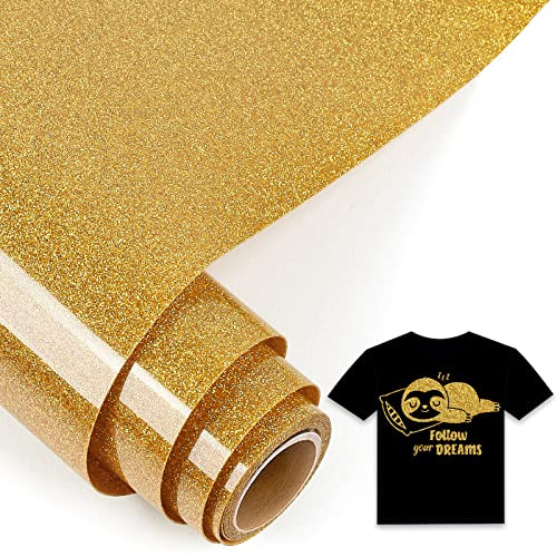 IModeur Glitter Gold Iron on Vinyl — 30.5 x 153 cm Heat Transfer Vinyl for Fabric, PET Backing HTV Roll for T-Shirts, Clothes, Hats, Bags and Other Textiles, Easy to Weed