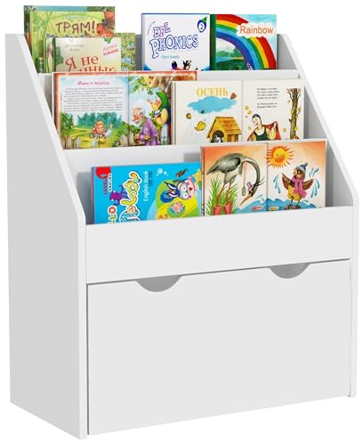 AIYAPLAY Libreria per Bambini 3-8 Anni a 3 Ripiani con Cassetto Inferiore, Scaffale Portagiochi in Legno MDF, 62.5x30x70 cm, Bianco