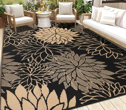 SHACOS Outdoor Rug 180x270 cm Large Reversible Garden Rugs Waterproof Patio Rug UV Resistant Lightweight Plastic Straw Mat Outdoor Rugs for Patio Balcony Camping Backyard Beach RV, Black