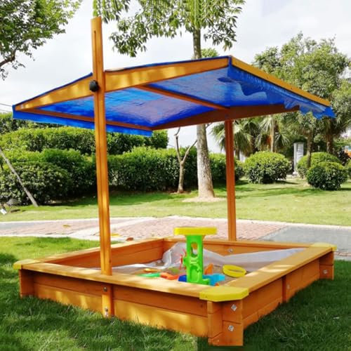 KGXUELING Arenero de Madera, Arenero con Dosel Ajustable, Fondo Tejido Antienvejecimiento, Arenero de Madera para Niños de 4 A 8 Años, Ideal para Niños y Niñas