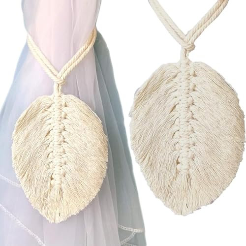 AMANDELIZABE - 2 pinzas de cortina trenzadas para cortina de cuerda con 2 trozos de corbata beige, pinzas de cortina boho de algodón, cortinas, accesorios decorativos para ventana (14,5 x 12 cm)