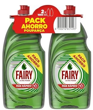 Fairy Ultra Poder Original Líquido Lavavajillas 2x1050ML Fórmula Efectiva Que Deja Los Platos Relucientes, Impresionante Poder Antigrasa