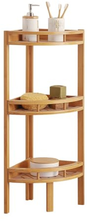 THINIA HOME - Estantería Esquinera de Bambú Natural, Mueble Auxiliar de Baño con 3 Niveles de Almacenaje, Rinconera Compacta, Estilo Nórdico, 29x29x85 cm
