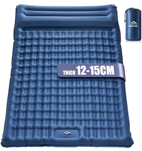 wulwun Matelas de Camping Auto-Gonflant Double, 12-15CM d’Épaisseur, Matelas de Voyage Gonflable pour 2 Personnes avec Pompe Intégrée, Matelas Ultra-Léger pour Randonnée, Camping, et Voyage (Bleu)